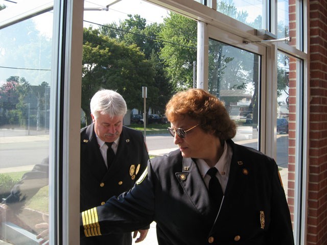 Chief Craig and President Montgomery entering Station 1. Governor O'Malley was in town as he made Leonardtown capital city for a day on July 17, 2008. (photo by John Douglass)