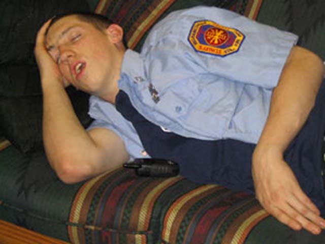 Scottie shows true dedication, sleeping with his uniform on! 