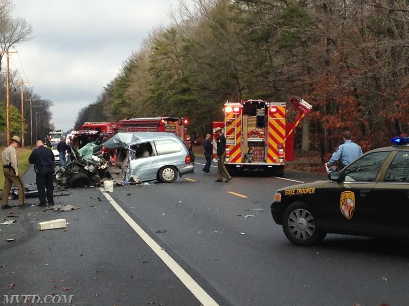 Units operate on the scene of a motor vehicle accident on Budds Creek Road that resulted in a fatality