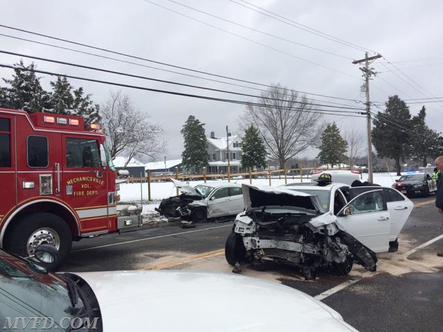 Firefighters responded to two motor vehicle accidents at the same time, this one on Mechanicsville Road and the other on Point Lookout Road 